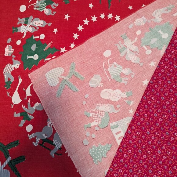 Vintage MCM Christmas Holliday Table Cloth Runner Elves Folk Art Boho Midcentury - Picture 5 of 7